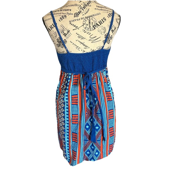Women Vintage Flying Tomato Orange & Blue Halter Mini Dress S Y2K Aztec Print - Picture 3 of 5